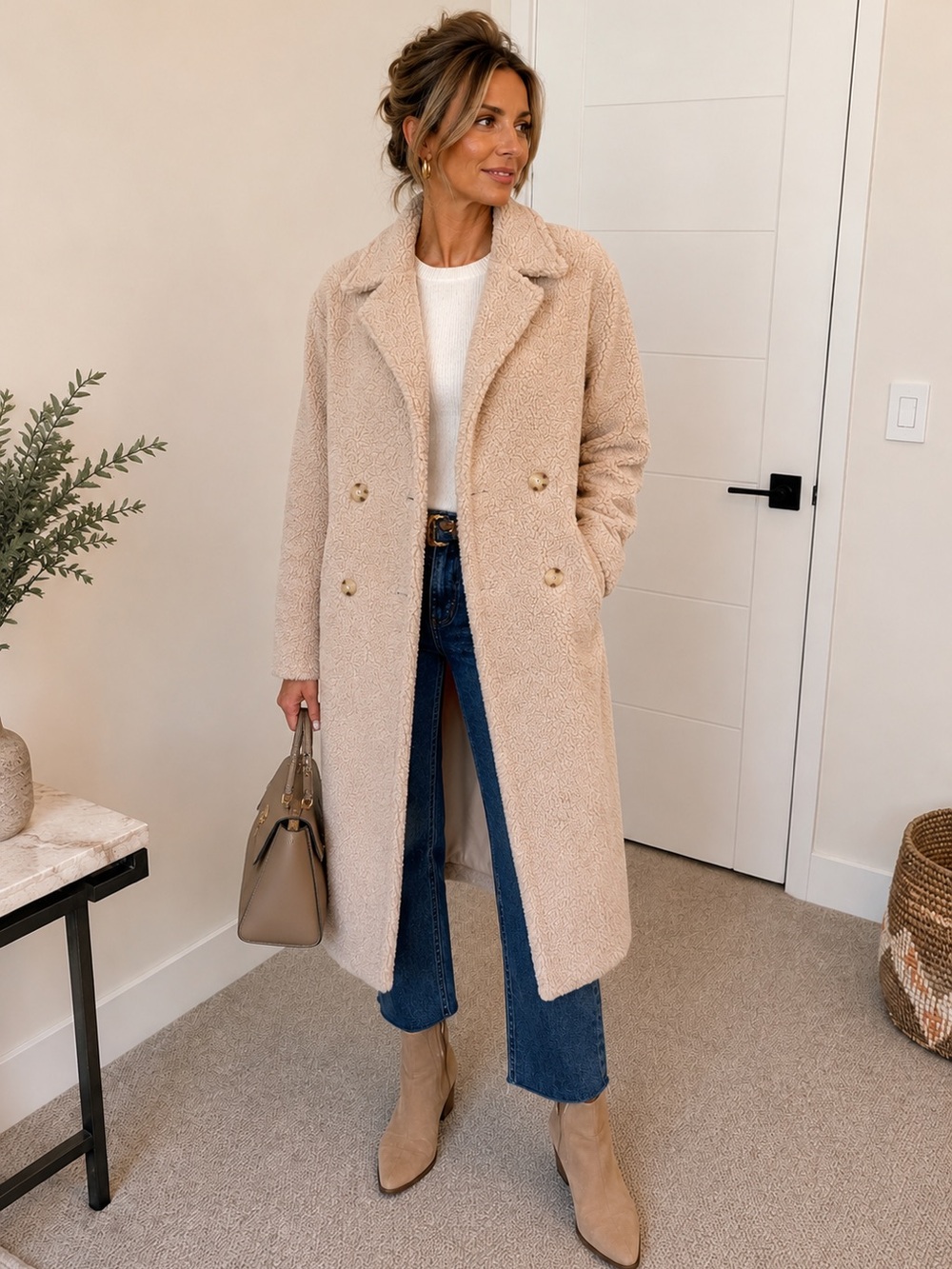 Splendid Cream Teddy Bouclé Double-Breasted Coat